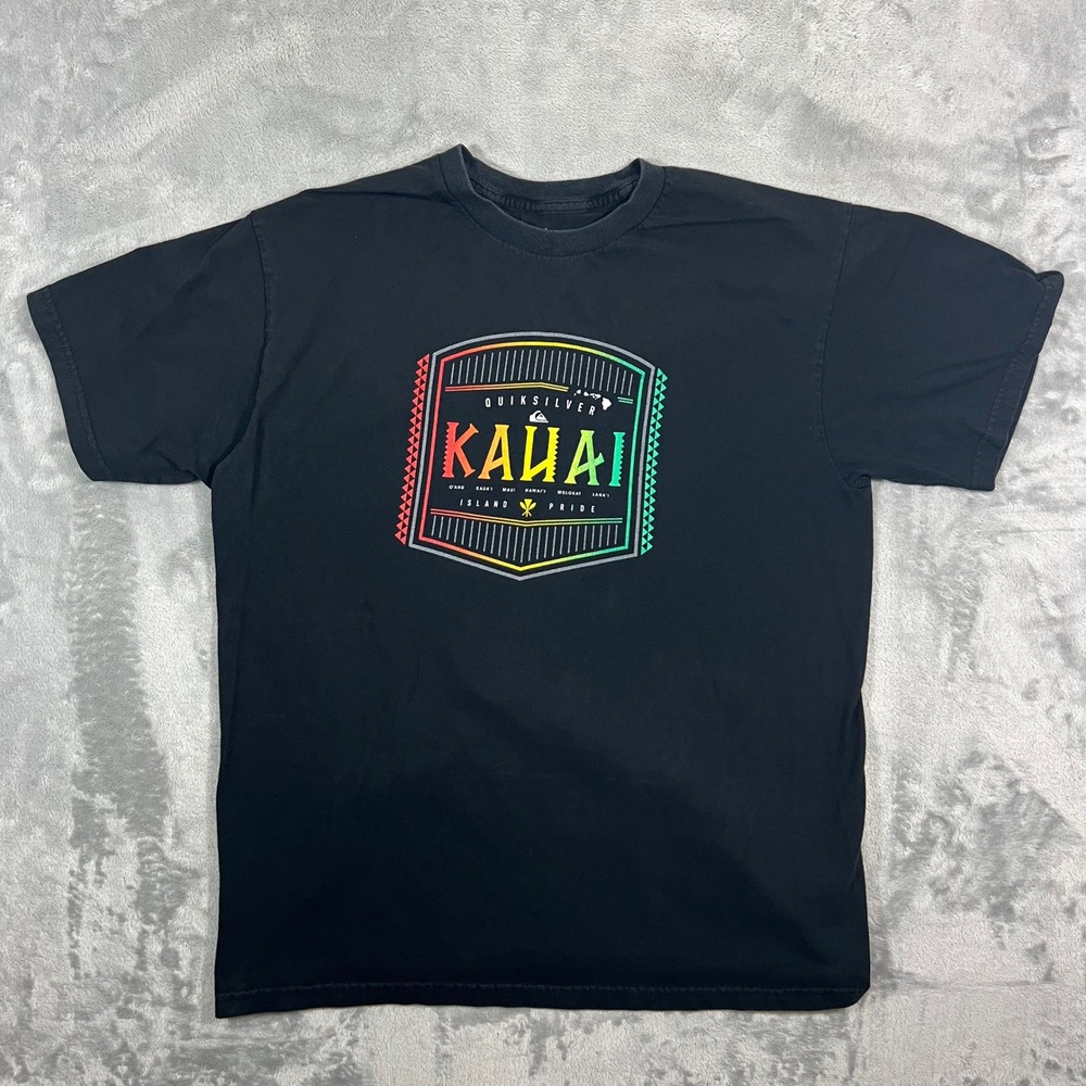 Quiksilver Kauai Graphic T Shirt Mens Large Black Rainbow Island Pride Surf Fade